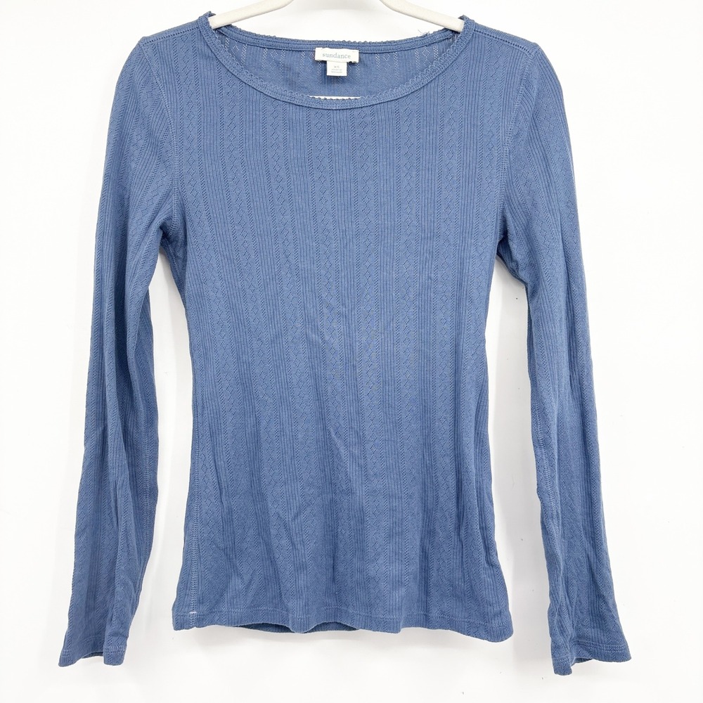 Sundance Womens Blue Pointelle Ribbed Cotton Cottagecore Knit Top Size XS